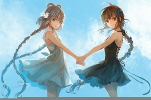 anime, art, tresses, des nuages, feng toi, fleurs, les filles, mains