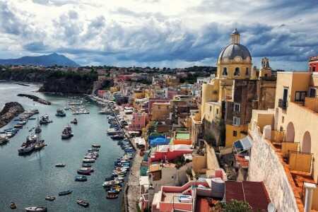 Bahía, barcos, edificio, Corricella, Golfo de Nápoles, Puerto, Italia, Puerto