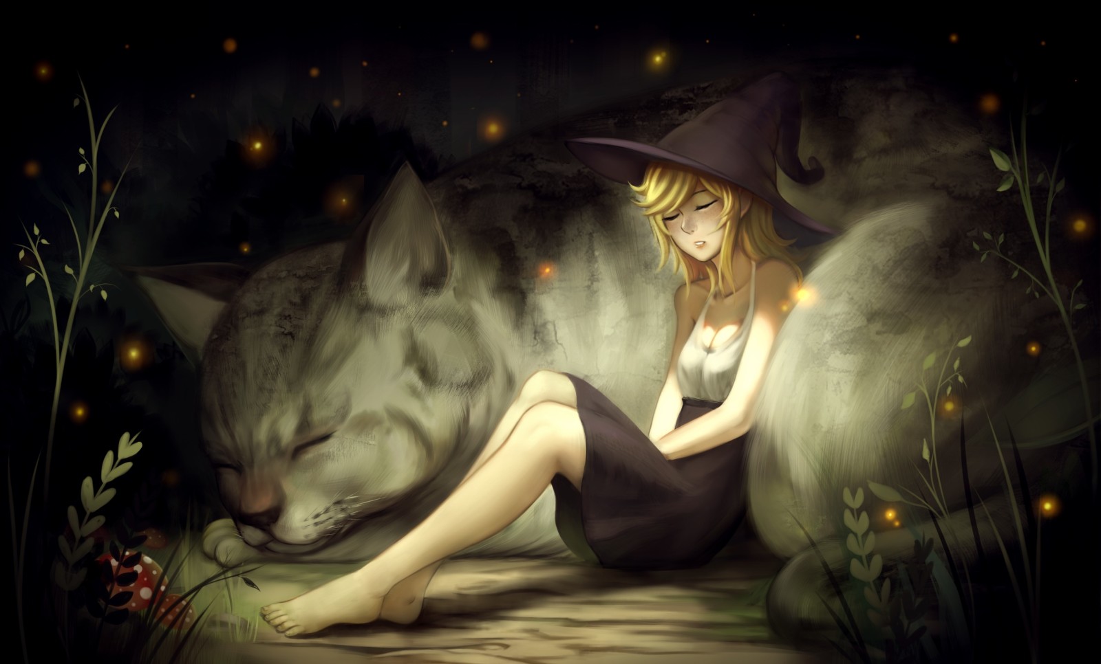 nature, cat, girl, Animal, mushrooms, art, leaves, Witch