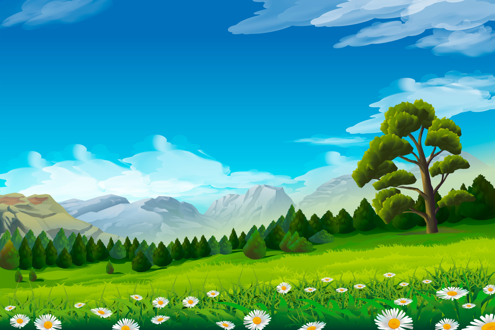 tree, landscape, mountains, meadow, chamomile