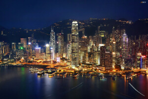 China, Zuhause, Hongkong, Beleuchtung, Nacht, der Abend