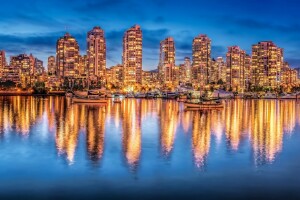 Bay Burrard, British Columbia, byggnad, Burrard Inlet, kanada, nattstad, panorama, reflexion