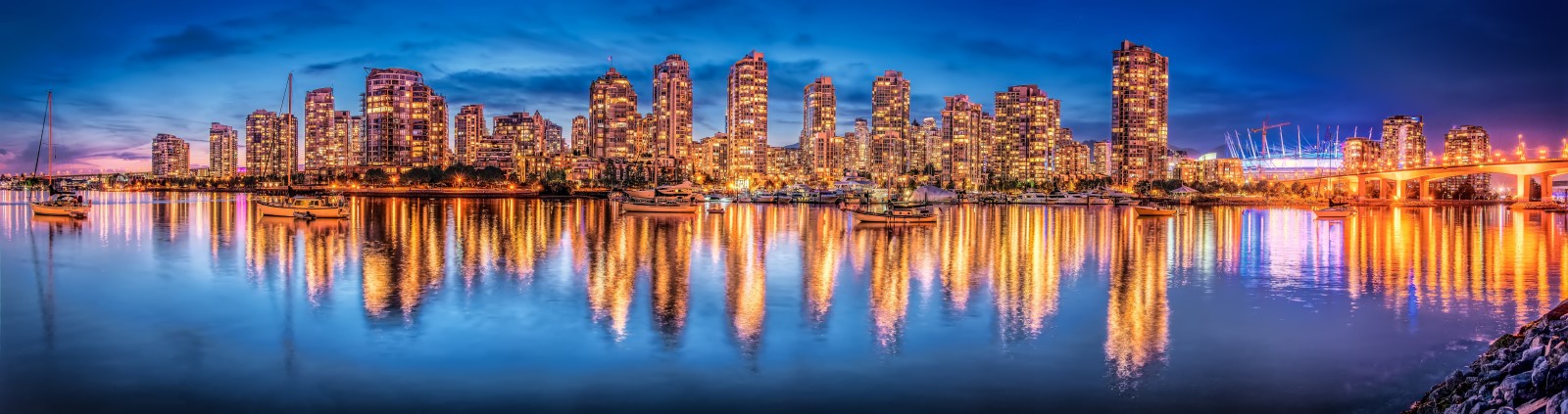 yachts, ville de nuit, réflexion, Canada, panorama, bâtiment, Colombie britannique, Vancouver