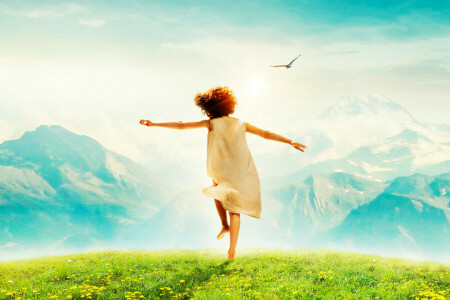 Alpine fairytale, bird, DANDELIONS, girl, grass, Heidi, Joy, meadow