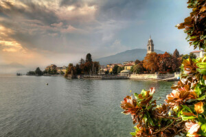 Italia, lago, hojas, la ciudad, el cielo, arboles