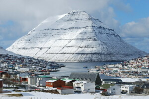 Friscia, Ostrovy, Klaksvik, Hora, fotografie, zasněžený, město, nebe