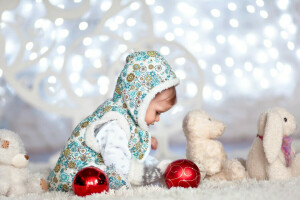 baby, child, happy, holiday, light, lights, rabbits, toy