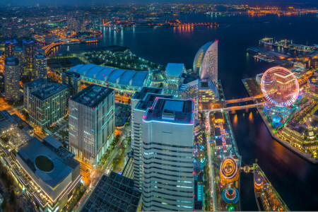 Bahía, edificio, Japón, Minato Mirai 21, ciudad de noche, panorama, rascacielos, Tokyo Bay