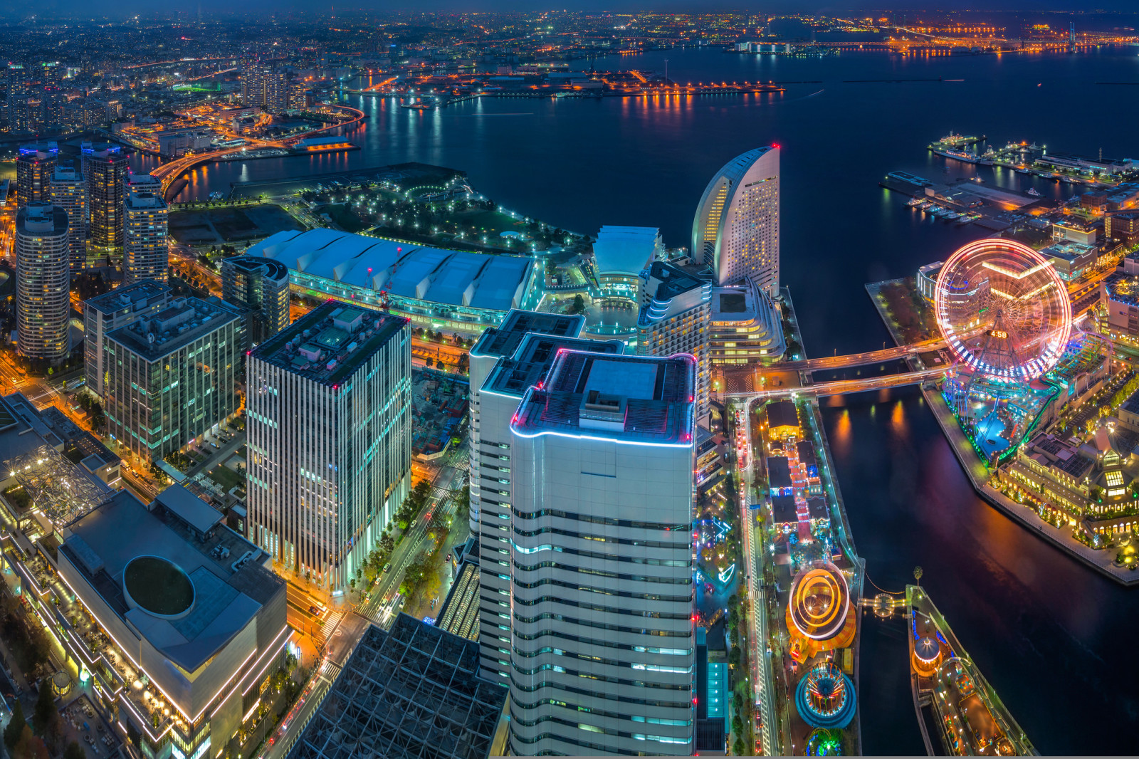 Baía, cidade da noite, arranha-céus, Japão, panorama, construção, Yokohama, Baía de Tóquio