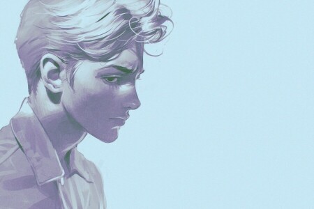 blond, fond bleu, gars, la Coupe de cheveux, Ilya Kuvshinov, cou, portrait, profil