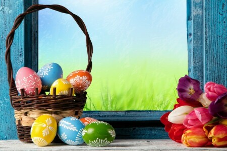 basket, decoration, Easter, eggs, flowers, happy, spring, tulips