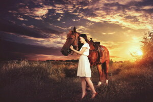 ragazza, cavallo, umore, tramonto