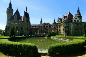 kasteel, fonteinen, Moszna-kasteel, foto, Polen, de bosjes, de stad