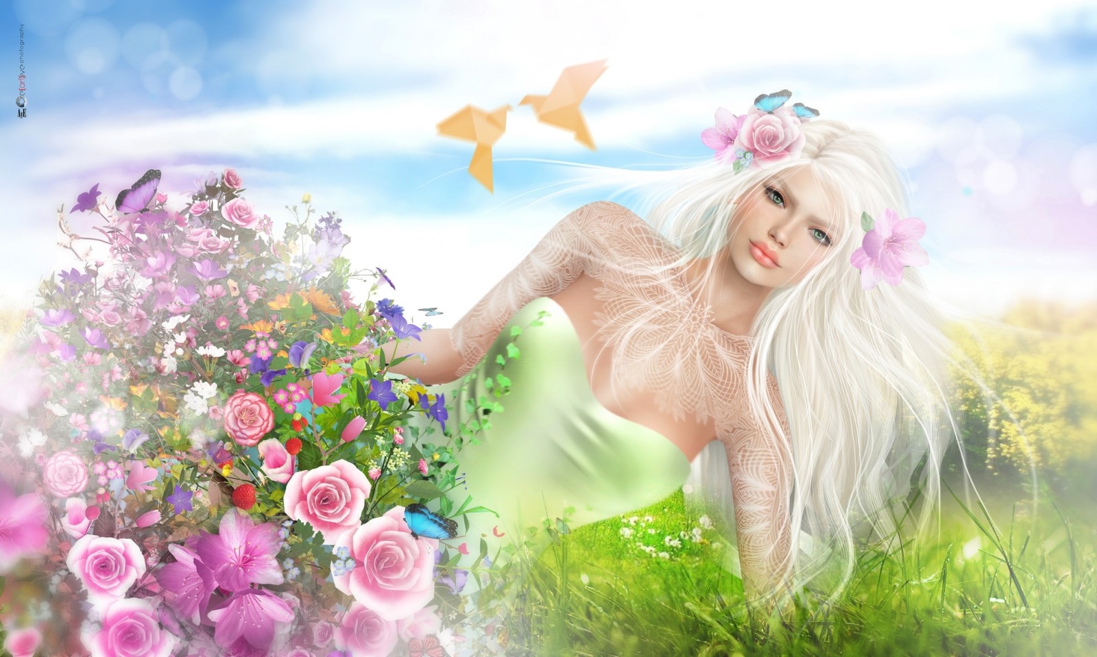 girl, blonde, flowers, spring, birds