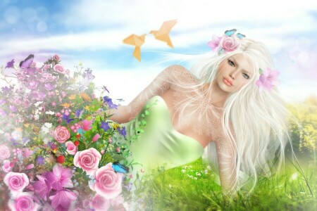 birds, blonde, flowers, girl, spring