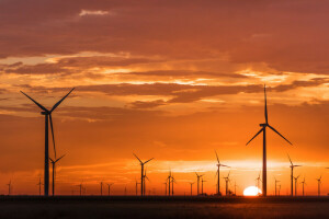 landschap, zonsondergang, windmolens