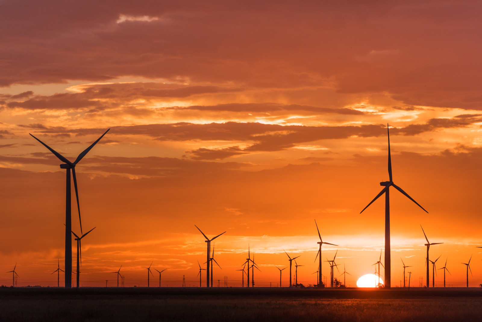 zonsondergang, landschap, windmolens