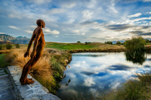 Bridge, clouds, mountains, pond, sculpture, the sky