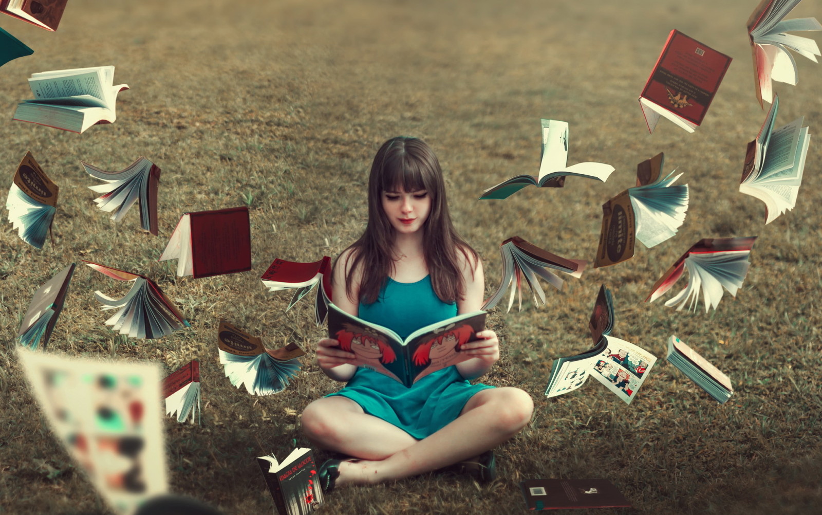 fundo, menina, livros