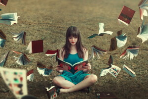 fundo, livros, menina