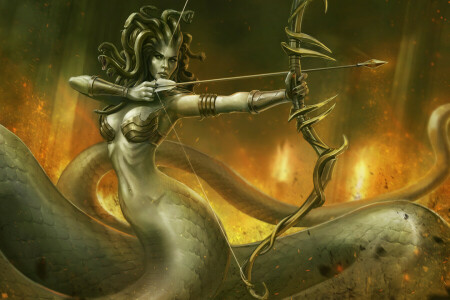 arrows, art, bow, chest, Medusa, snakes, tail, Woman