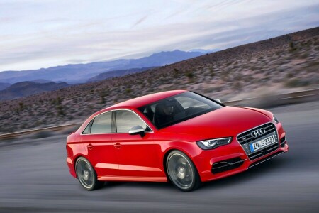 Audi, car, In motion, red, sedan, the evening, The hood