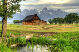 landgoed, gras, huis, bergen, stroom, het riet, Thomas Moulton Barn, bomen