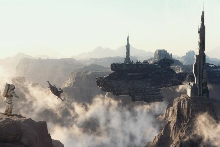 height, mountains, people, Planet, rocks, ships, the gates, the suit