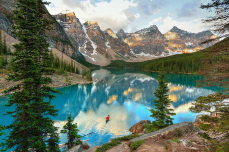 Alberta, Banff, boat, Canada, lake, Moraine Lake, mountains, rocks