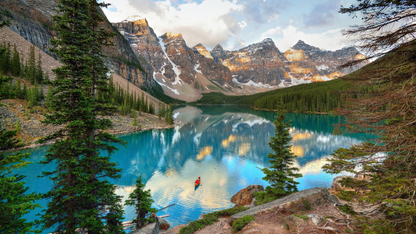 lago, piedras, arboles, Canadá, Alberta, montañas, barco, Lago Moraine