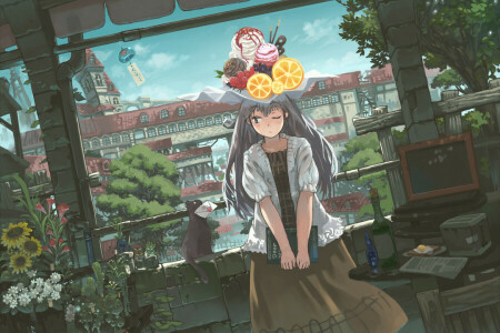 anime, art, livre, bouteille, chat, des nuages, fleurs, fruit