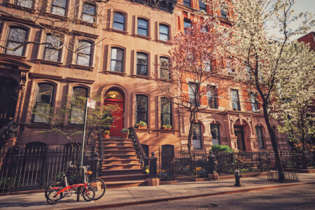 bicicleta, edificio, Nueva York, calle, arboles