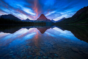 barco, lago, Montana, montanhas, reflexão, Montanha de Sinopah