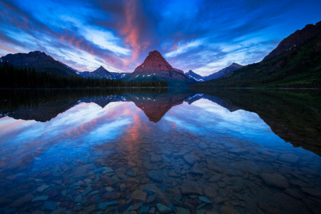 boat, lake, Montana, mountains, reflection, Sinopah Mountain