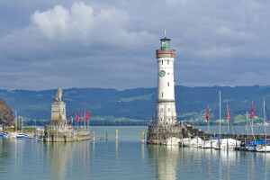 Baden lake, Bayern, Harbour, Lighthouse, Lindau, mountains