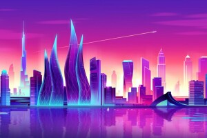 arhitectură, artă, Burj Khalifa, Dubai, Futuresynth, ilustrare, neon, Noua undă retro