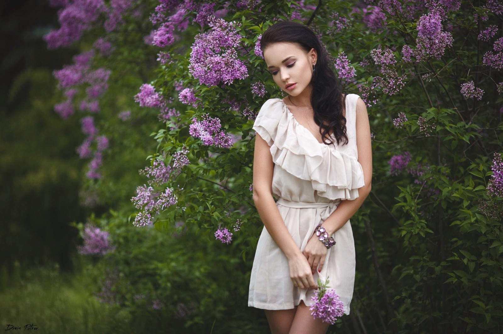 bokeh, meisje, portret, SCHOONHEID, brunette, lila, bladeren, mooi