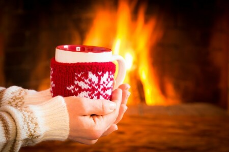 coffee, Cup, cute, fire, fireplace, hot, mitten, winter