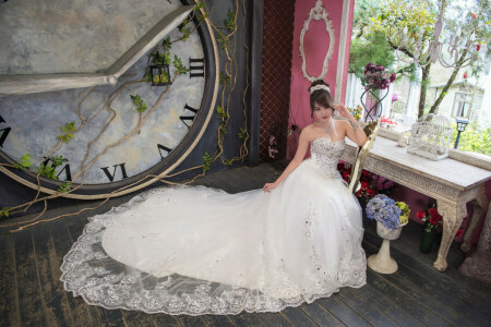 dress, face, flowers, girl, hair, room