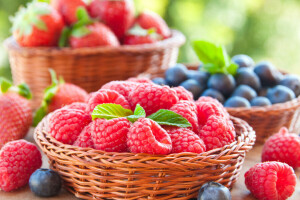 panier, baies, myrtilles, Frais, framboise, fraise