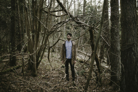 beard, branches, direct gaze, forest, jacket, Man, trees