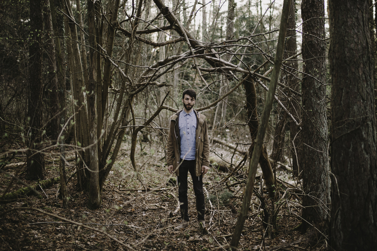 forest, branches, trees, Man, jacket, beard, direct gaze