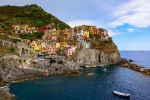 båtar, byggnad, Cinque Terre, kust, Italien, landskap, Liguriska havet, Manarola