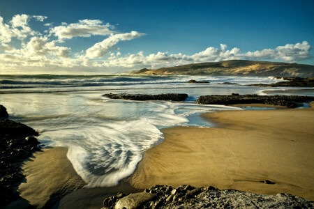 skyer, kyst, New Zealand, sand, hav, sten, surf, himlen