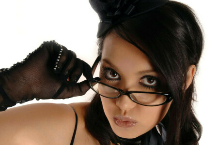 brunette, visage, des lunettes, gants, Regardez