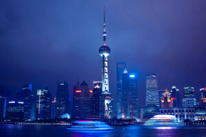 Chine, des nuages, Accueil, lumières, nuit, panorama, rivière, Shanghai