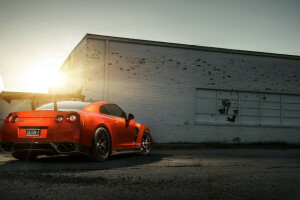 AMS, GTR, Nissan, orange, Rear, sun, Widebody