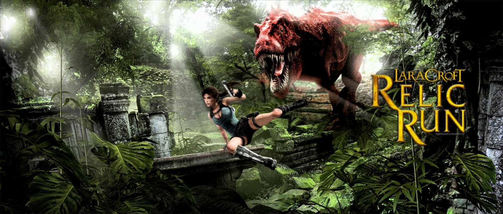 dziewczyna, Tomb Raider, Lara Croft, dżungla, dinozaur, T. rex