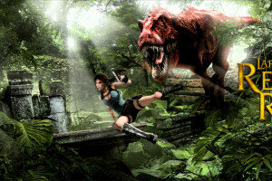 dinozaur, dziewczyna, dżungla, Lara Croft, T. rex, Tomb Raider