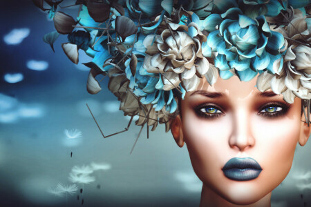 Contexte, visage, fleurs, fille, coiffure, Regardez